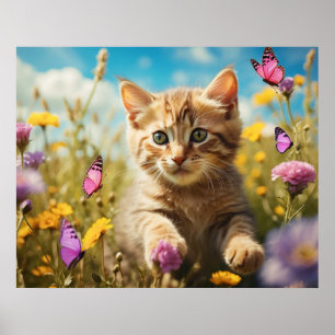 Affiche *~* Papillons Fleurs Chaton 5:4  Chat Kitty AP68