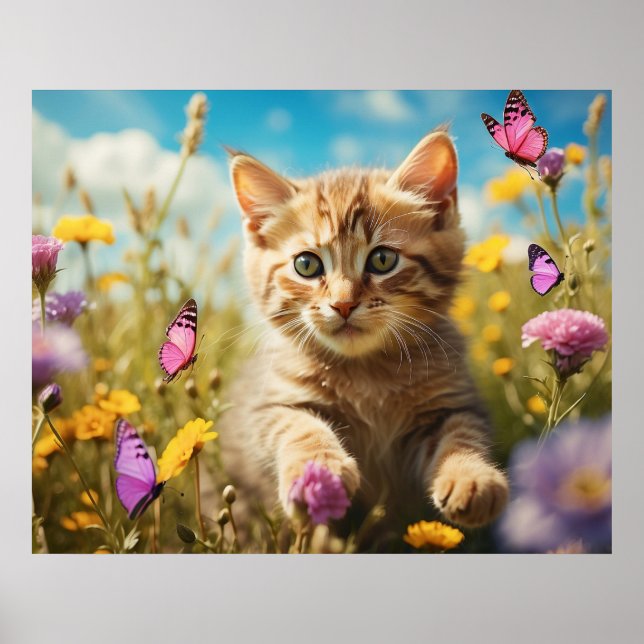 Affiche *~* Papillons Fleurs Chaton 5:4  Chat Kitty AP68 (Devant)