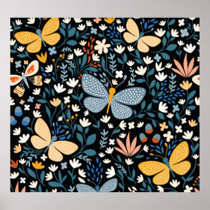 Affiche Papillons Floral : Main Tirée Sans Couture.