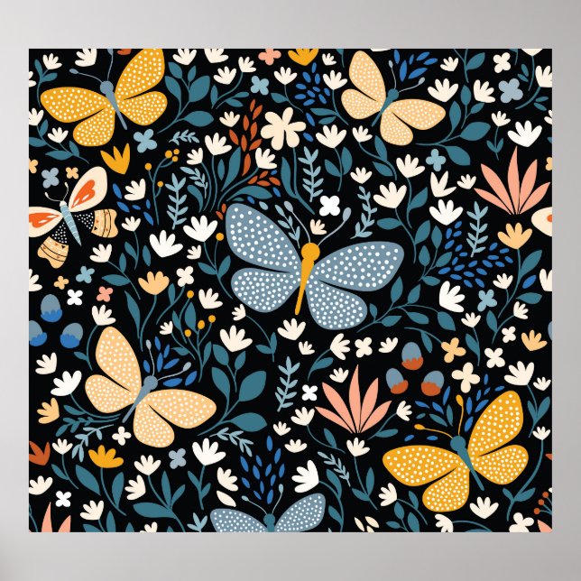 Affiche Papillons Floral : Main Tirée Sans Couture. (Devant)