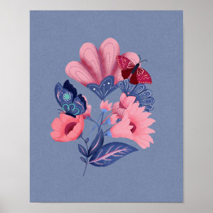 Affiche Papillons floraux bleu rose Art folklorique