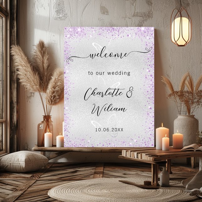 Affiche papillons mariage violet argent bienvenue (Créateur téléchargé)