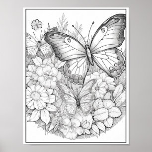 Affiche Papillons mignons/Fleurs Coloration