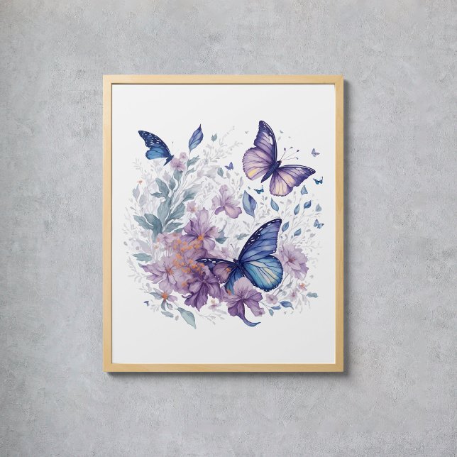 Affiche Papillons mystiques Aquarelle Purple Blue Flower (Mystical Butterflies Watercolor Purple Blue Flower Poster
)