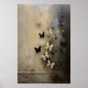 Affiche Papillons noirs et blancs Dark Academia, huile vin