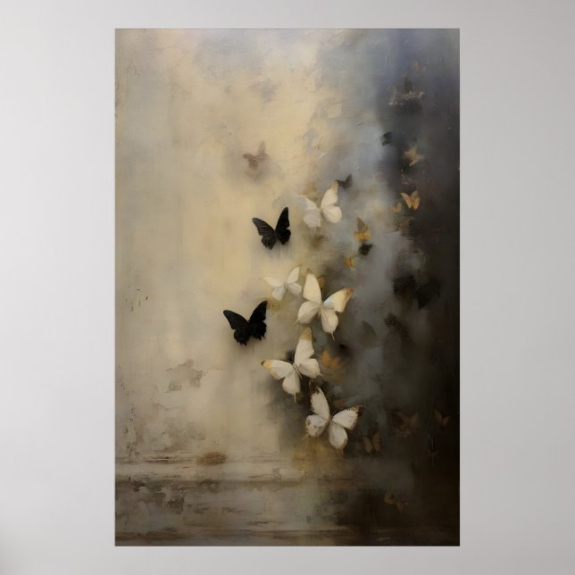 Affiche Papillons noirs et blancs Dark Academia, huile vin (Devant)