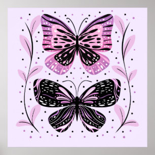 Affiche Papillons noirs, roses, violets