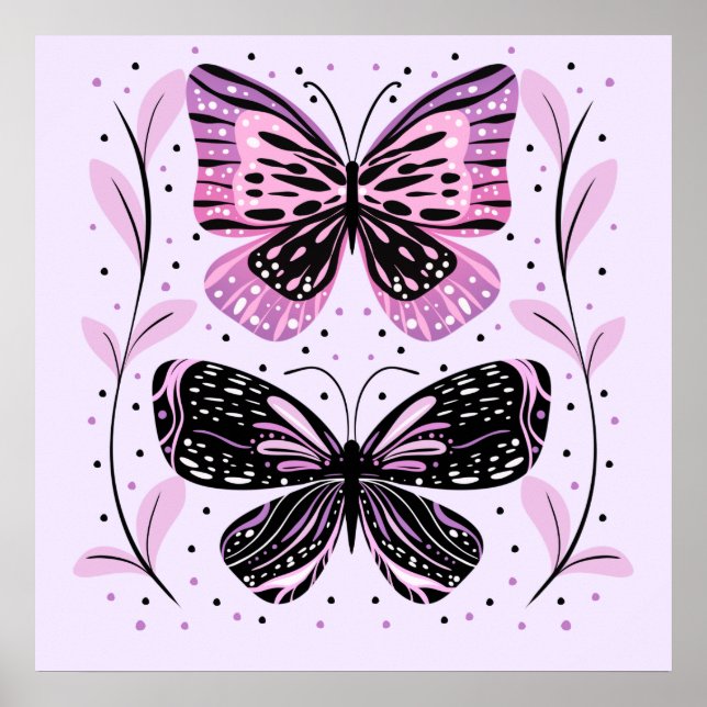 Affiche Papillons noirs, roses, violets (Devant)