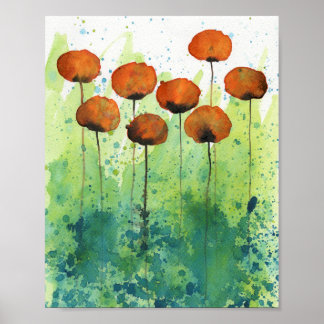 Affiche Papillons orange et vert, mur de fleurs d'aquarell