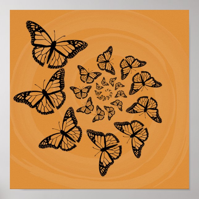 Affiche Papillons spiraux noir sur orange (Devant)
