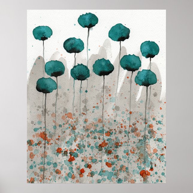 Affiche Papillons turquoises et gris, Aquarelle Fleurs Mur (Devant)
