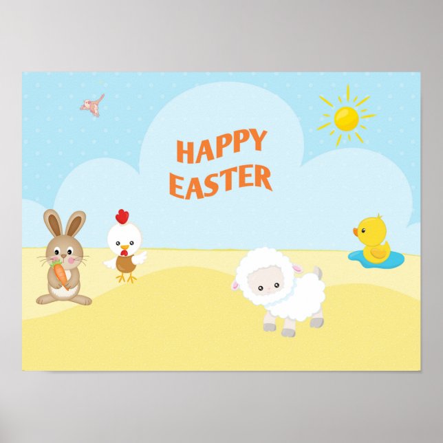 Affiche Pâques joyeuses avec de mignons animaux de ferme (Devant)