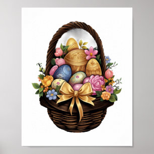 Affiche Pâques Panier de Pâques Oeufs colorés Fleurs