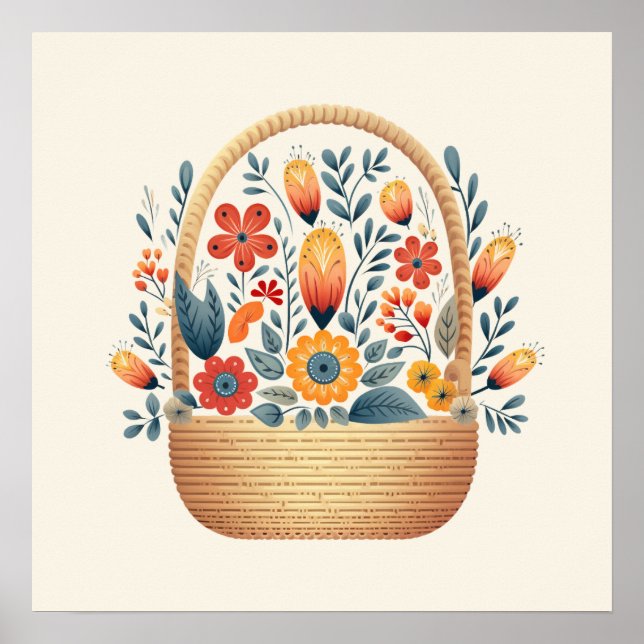 Affiche Pâques scandinave corbeille populaire oeufs art (Devant)