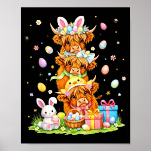 Affiche Pâques vaches highland coquette noeud lapin oeufs