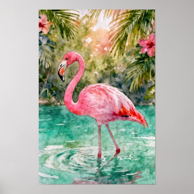 Affiche Paradis floral de flamant rose aquarelle tropicale (Devant)