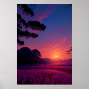 Affiche Paradis pourpre, coucher de soleil sur un champ