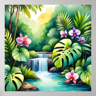 Affiche Paradis tropical de la cascade de jungle aux orchi