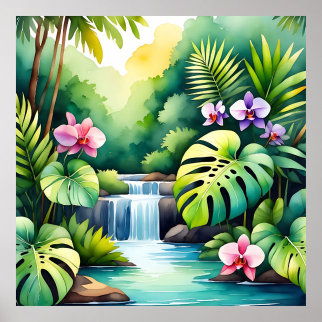 Affiche Paradis tropical de la cascade de jungle aux orchi (Devant)