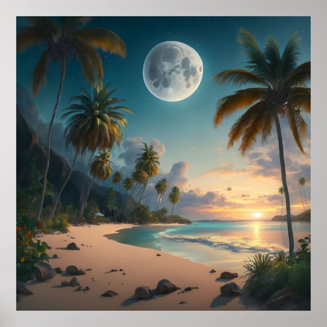 Affiche paradis tropical la nuit, avec palmiers (Devant)