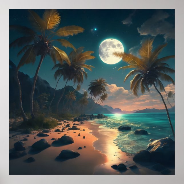 Affiche paradis tropical la nuit, avec palmiers (Devant)