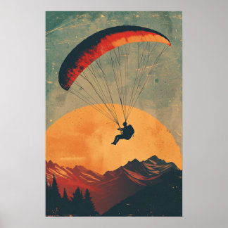Affiche Parapente vintage au coucher du soleil sur l'affic