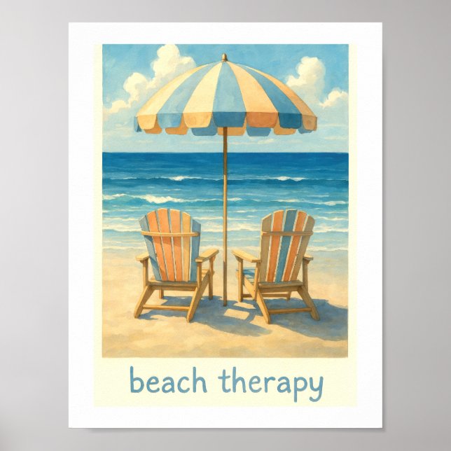 Affiche Parapluie de plage en aquarelle Chaise Adirondack (Devant)