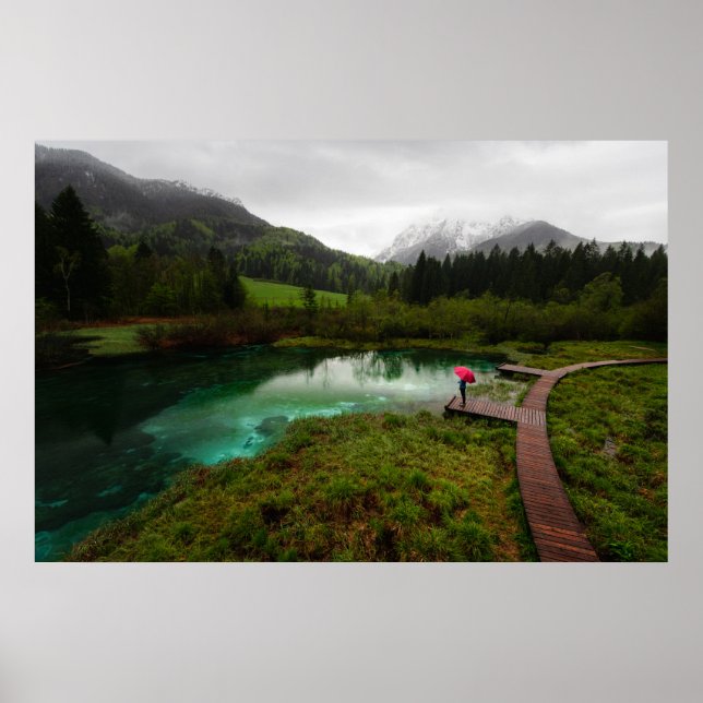 Affiche Parapluie rouge lac vert (Devant)