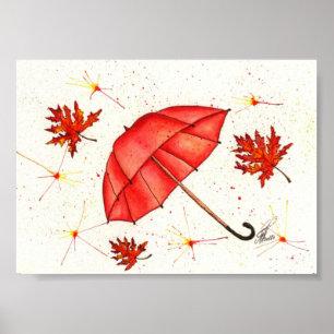 Affiche Parapluie rouge vif et aquarelle feuille rouge