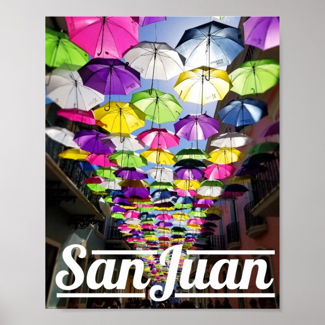 Affiche Parapluies multicolores rue San Juan Porto Rico (Devant)