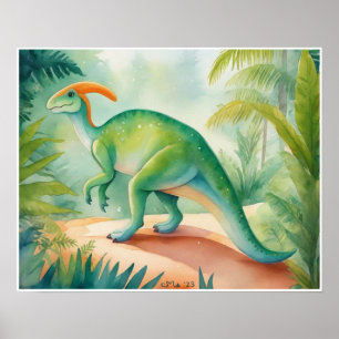 Affiche Parasauralophus Aquarelle Dinosaure Nursey Art