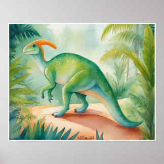 Affiche Parasauralophus Aquarelle Dinosaure Nursey Art