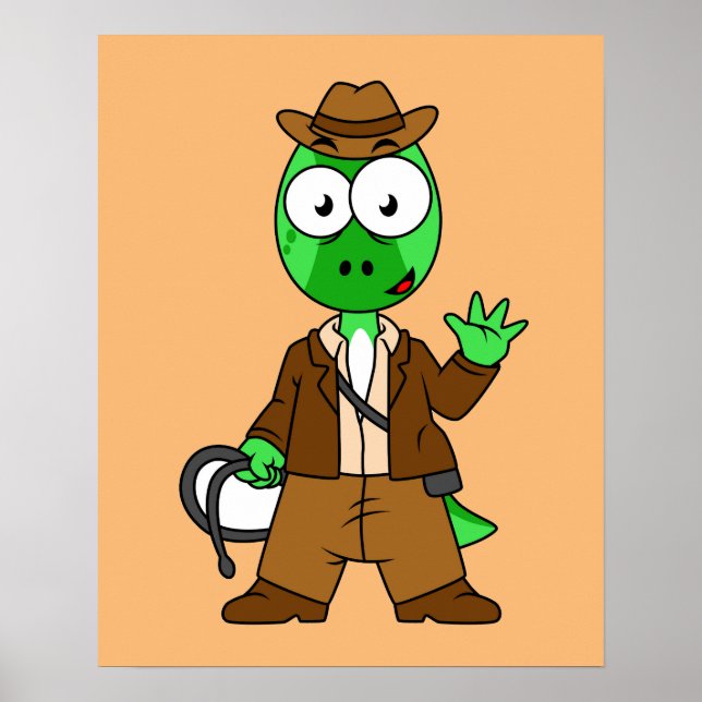 Affiche Parasaurolophus Habillé Comme Indiana Jones. (Devant)