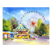 Parc d'attractions vibrant aquarelle