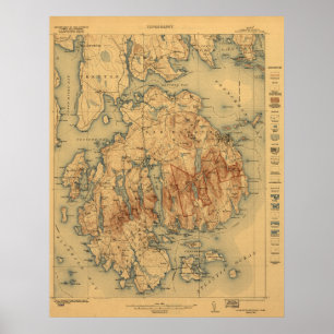 Affiche Parc national Acadia 1922 Carte topographique
