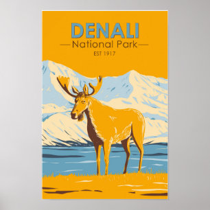 Affiche Parc national de Denali Alaska Élan Vintage