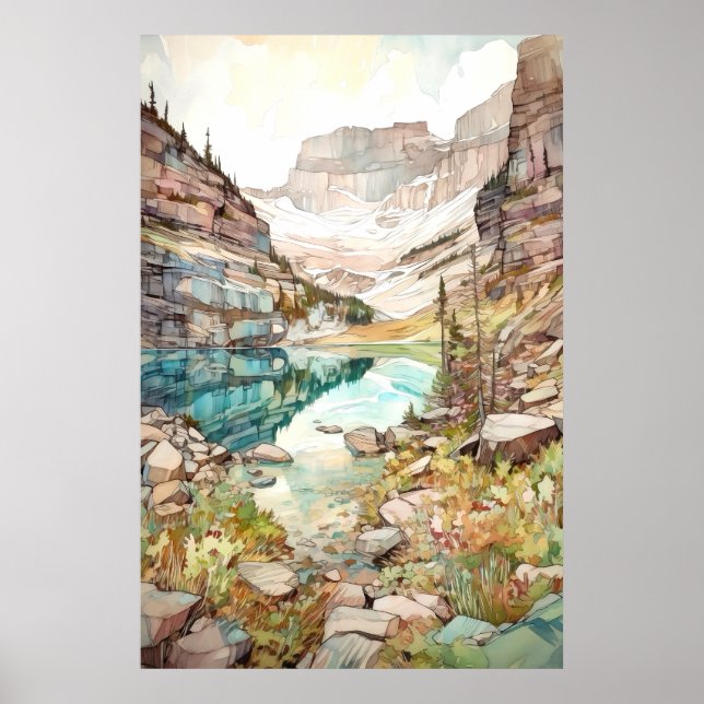 Affiche Parc national de Glacier Aquarelle (Devant)