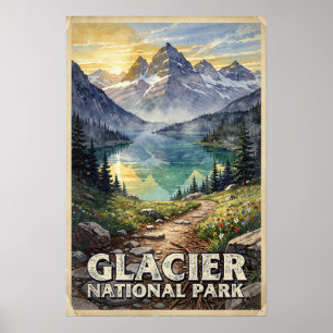 Affiche Parc national de Glacier aquarelle Rétro