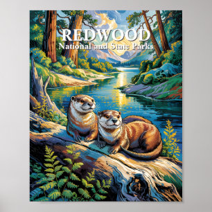 Affiche Parc national de Redwood Animaux Loutres Style Van