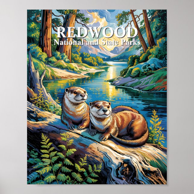 Affiche Parc national de Redwood Animaux Loutres Style Van (Devant)