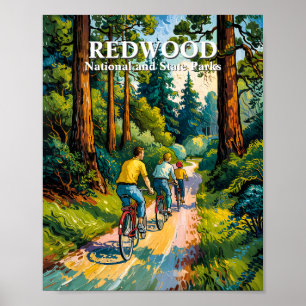 Affiche Parc national de Redwood, Van familial cyclant dan