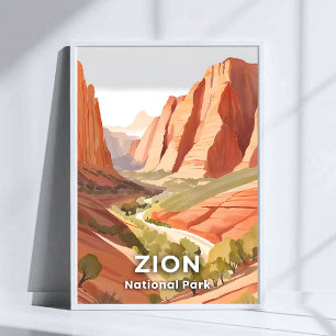 Affiche Parc national de Zion Voyage Aquarelle Vallée