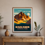 Affiche Parc national des Badlands Rétro<br><div class="desc">Affichez les roches sédimentaires couleur argile et les montagnes du parc national Badlands dans le Dakota du Sud.</div>