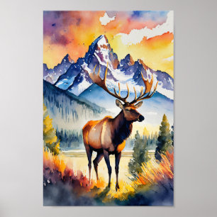 Affiche Parc national du Grand Teton Elk Wyoming Aquarelle