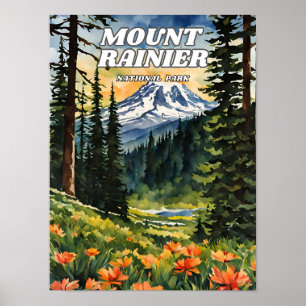 Affiche Parc national du Mont-Rainier illustration rétro d