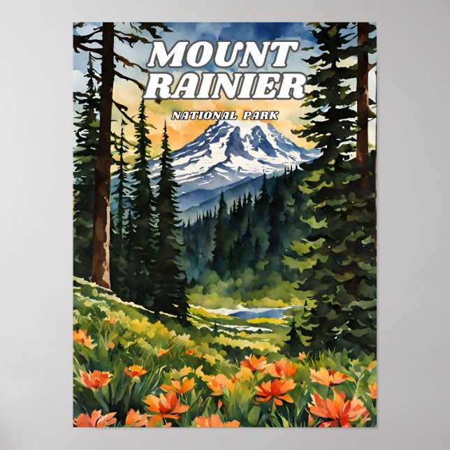 Affiche Parc national du Mont-Rainier illustration rétro d (Devant)