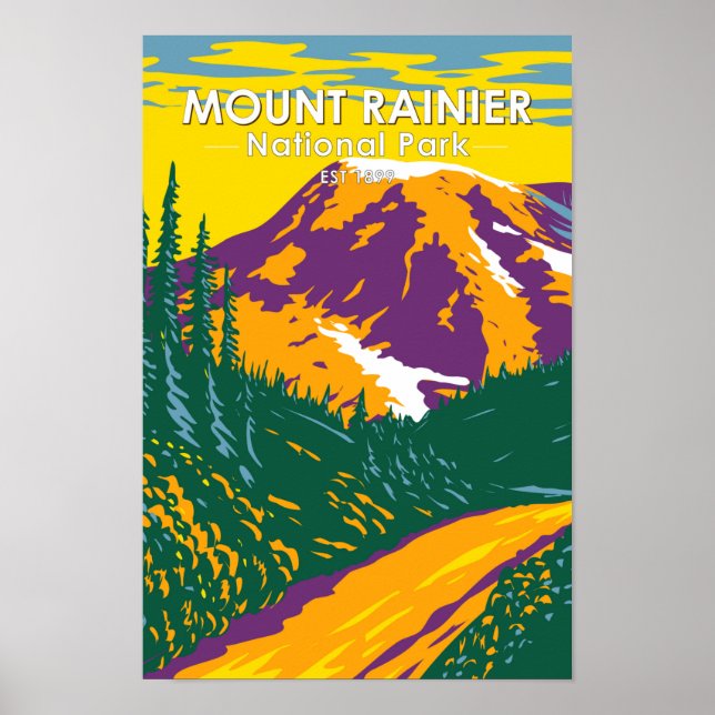 Affiche Parc national du Mont Rainier Washington Retro (Devant)