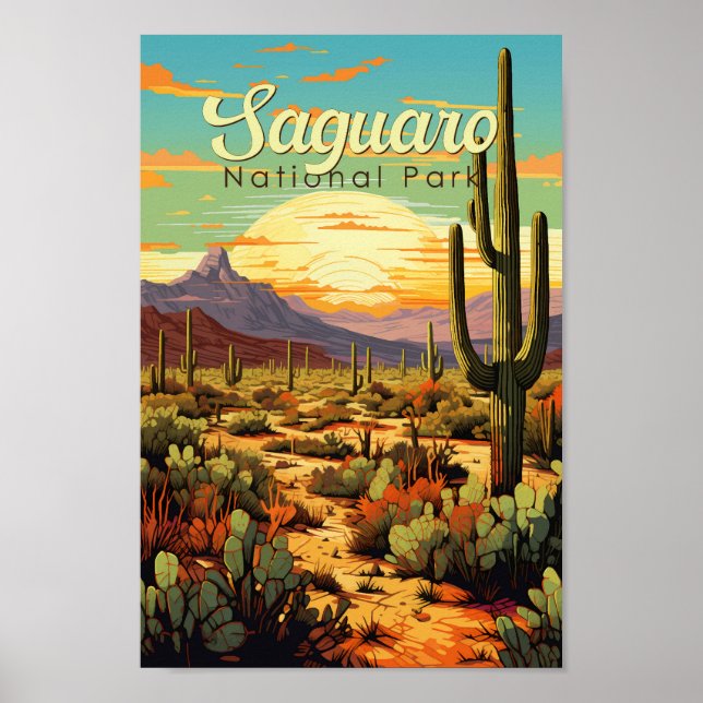 Affiche Parc national du Saguaro Illustration Rétro (Devant)