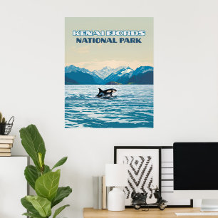 Affiche Parc national Kenai Fjords Orca Alaska Vintage