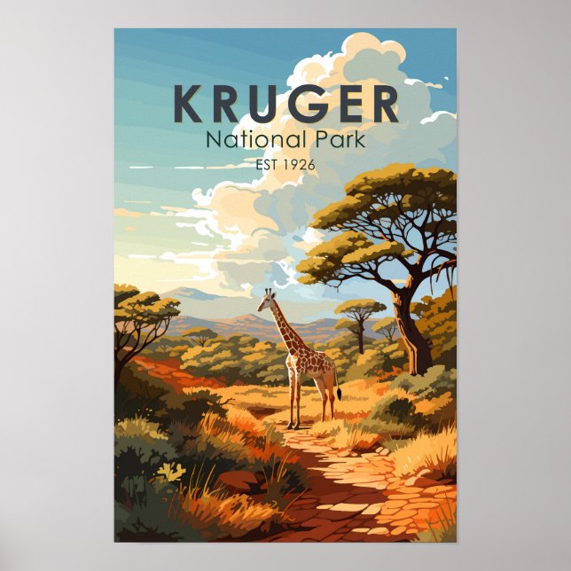 Affiche Parc national Kruger Afrique du Sud Girafe Vintage (Devant)